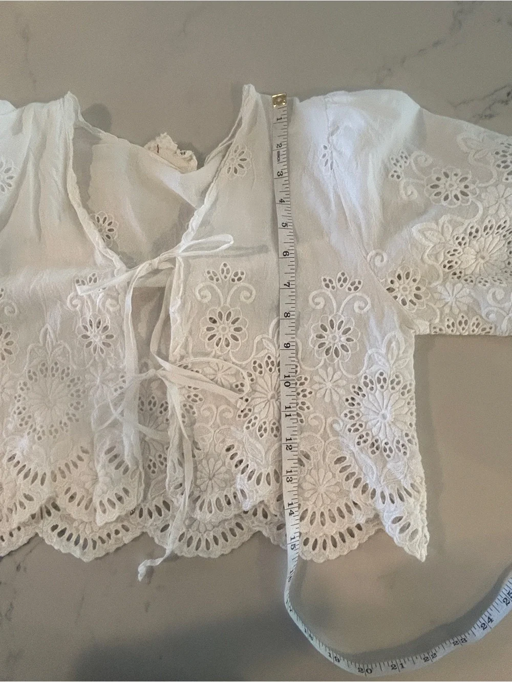 Anthropologie White Floral Eyelet Crop Tie Front Top one size